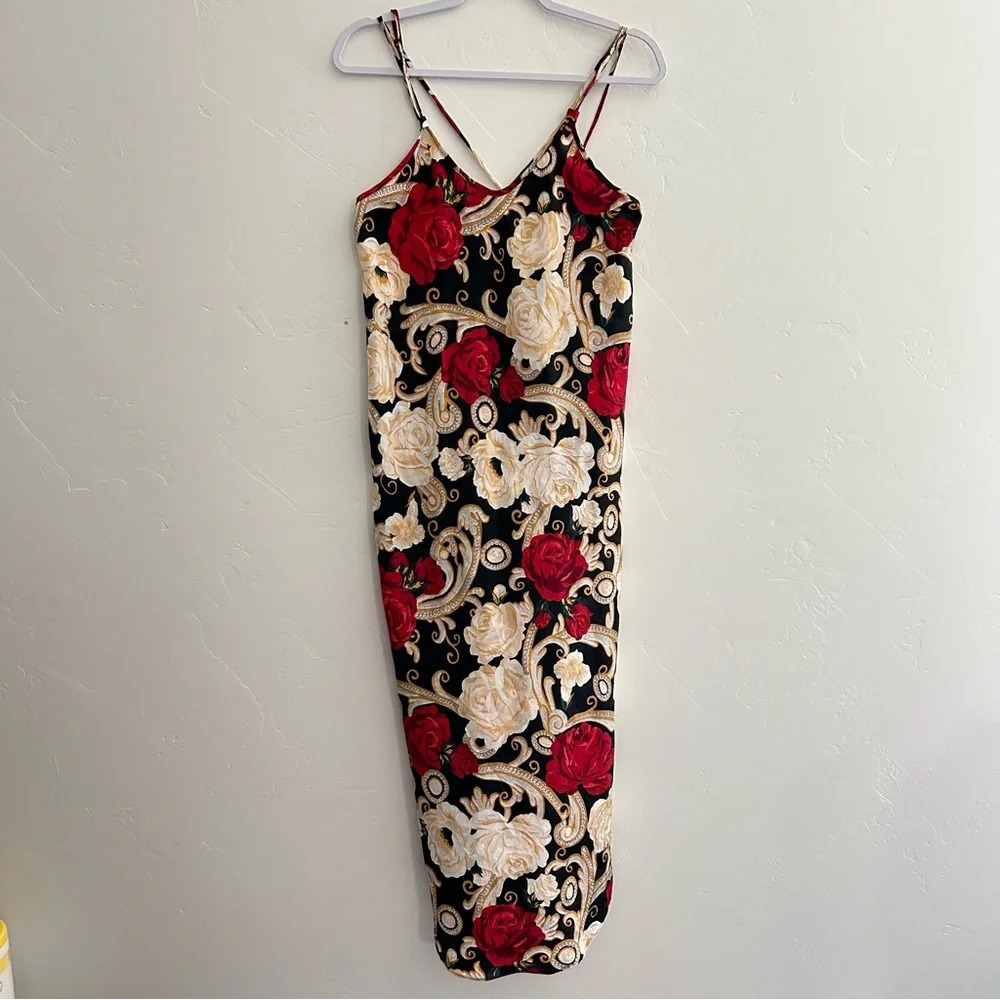 Vintage LA Intimates Rose Satin Slip‎ Nightgown Dark Floral Size Small Old Money